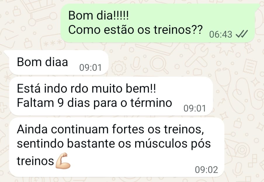 Print de conversa no WhatsApp: aluna relata que os treinos estão indo muito bem