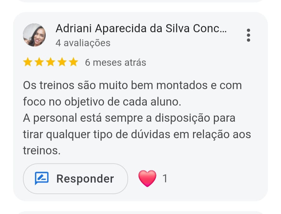 Avaliação da Adriani Aparecida no Google: treinos muito bem montados
